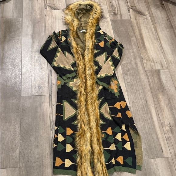 Tasha Polizzi Tinsley Aztec and Fur Long Cardigan Sweater with Faux Fur Trim - Picture 9 of 11